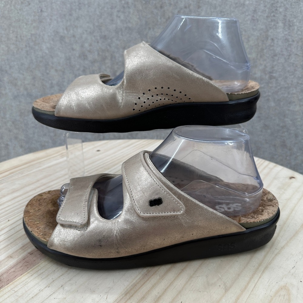 SAS Cozy Slide Sandals Womens 10 Gold Metallic Leather Adjustable Straps